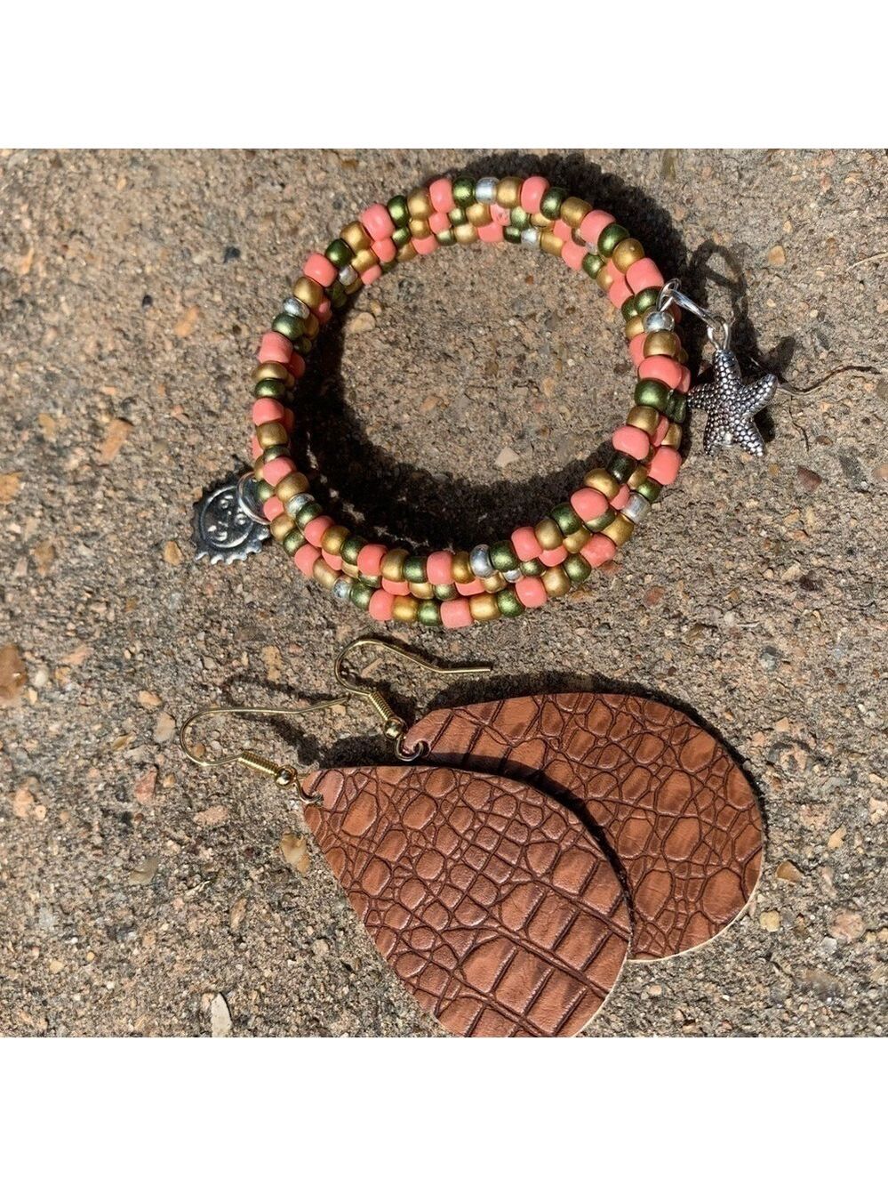 Beaded bracelet and faux leather earrings gift set beach starfish sun charms